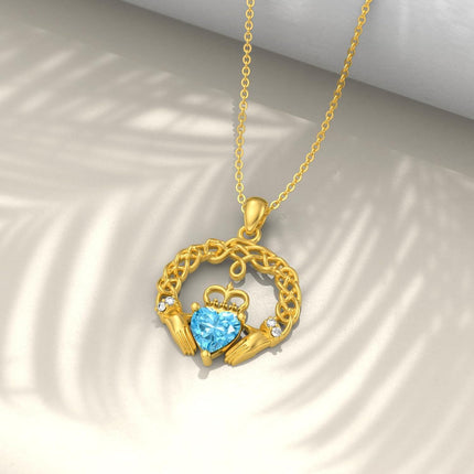 14K Gold Heart-Shaped Blue Crystal Crown and Hands Celtic Knot Claddagh Pendant Necklace for Women