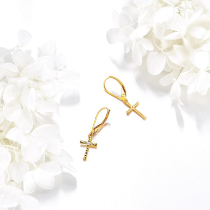 14K Gold Religious Cross Dangle Earrings - Christian Baptism Communion Gift for Women
