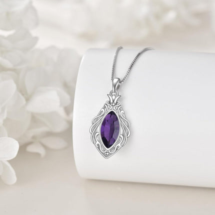 925 Sterling Silver Marquise Cut Amethyst and Crystal Pendant Necklace