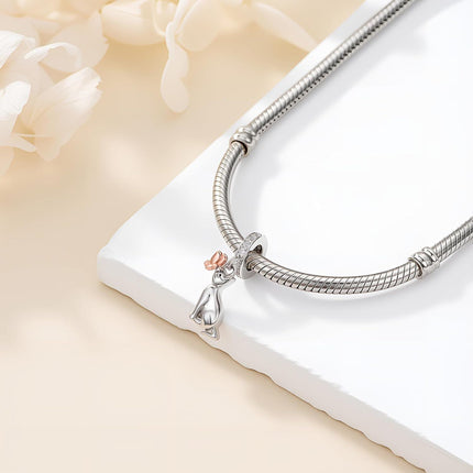 925 Sterling Silver Cat with Rose Gold Flower and CZs Dangle Charm Pendant for Bracelet Necklace Jewelry Making Supplies Gifts Women Girls Kids Teens