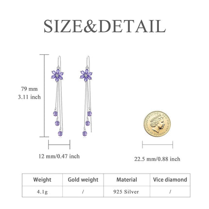 925 Sterling Silver Cubic Zirconia Drop Earrings w/ Purple Flowers & Butterflies