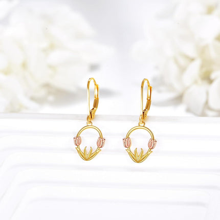 14K Gold Tulip Flower Leverback Earrings for Women