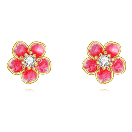 14K Gold 14K Gold Red Enamel Floral Stud Earrings with Crystal Accents - Gifts for Her