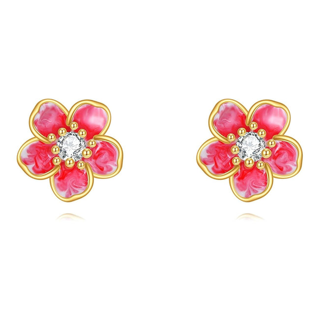 14K Gold 14K Gold Red Enamel Floral Stud Earrings with Crystal Accents - Gifts for Her