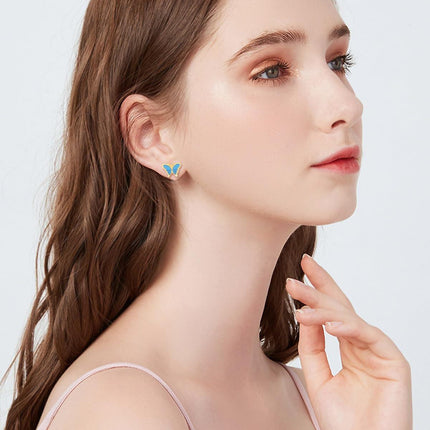 14K Gold Turquoise and Blue Opal Butterfly Stud Earrings for Women