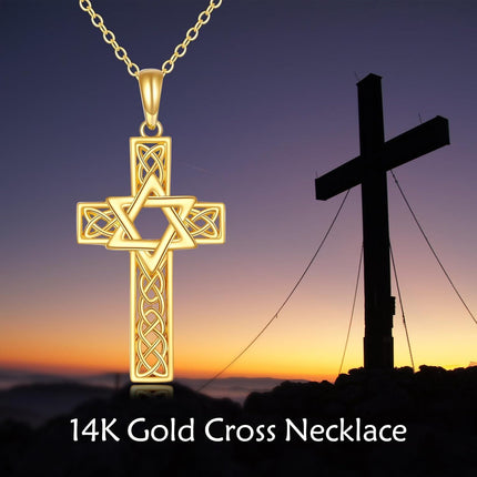 14K Gold Star of David Celtic Knot Cross Pendant Necklace Religious  for Men & Women