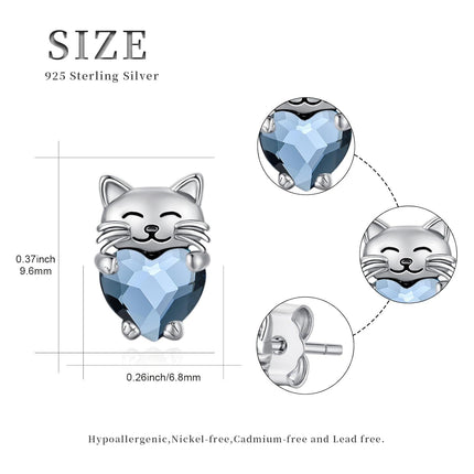 925 Sterling Silver Heart-Shaped Blue Crystal Cat Stud Earrings - Adorable Kitty  for Her