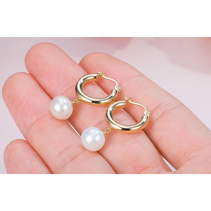 14K Gold Freshwater Cultured Pearl 3mm Huggie Hoop Earrings with Snake Shape Pendant