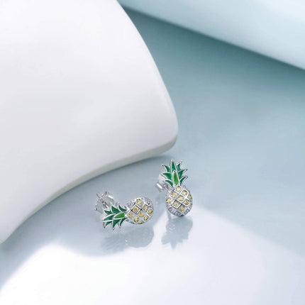 925 Sterling Silver Pineapple Stud Earrings with Green Enamel and Yellow CZs - Fashionable Gift for Women & Teenage Girls