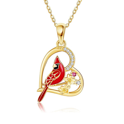 14K Gold Cardinal Bird Heart-Shaped Pendant Necklace with Red Enamel and White Cubic Zirconia Stones for Women's