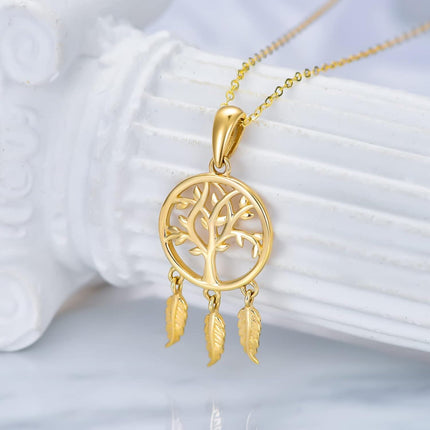 14K Gold Tree of Life Dreamcatcher Feather Pendant Necklace for Women