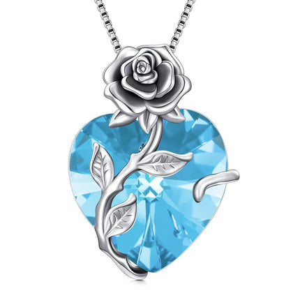 925 Sterling Silver Crystal Rose Flower Heart Pendant Necklace