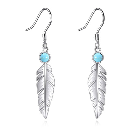 925 Sterling Silver Feather Turquoise Drop Earrings for Women Girls