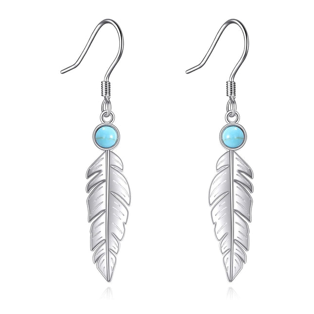 925 Sterling Silver Feather Turquoise Drop Earrings for Women Girls