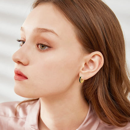 14K Gold Black Onyx Inlay Small Hoop Earrings (Huggies) - 3/8 Diameter