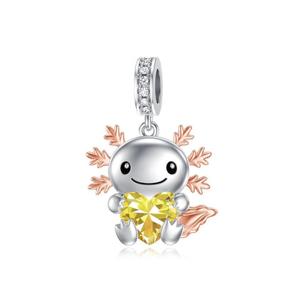 925 Sterling Silver Axolotl Charm with Citrine Birthstone for Bracelets Jewelry Making Gifts for Women