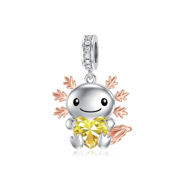925 Sterling Silver Axolotl Charm with Citrine Birthstone for Bracelets Jewelry Making Gifts for Women