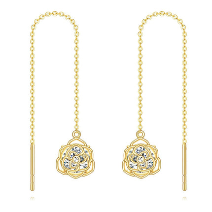 14K Gold  Flower Shape Crystal Threader Earrings for Women