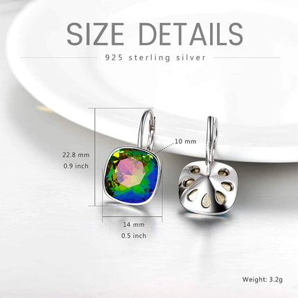 925 Sterling Silver Green Cushion Cut Austrian Crystal Leverback Earrings Hypoallergenic Gift for Her