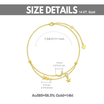 14K Gold Star & Moon Charm Ankle Anklet with Tassels - 8+2 Inches