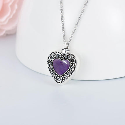 925 Sterling Silver Purple Amethyst Heart Cremation Urn Pendant Necklace with Funnel and Fill Tool - Memorial Keepsake Jewelry