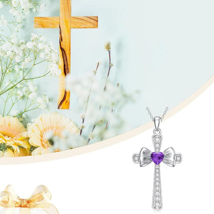 925 Sterling Silver Amethyst Cross Bow Birthstone Necklace for Women, Adjustable Chain, February Gift, Hypoallergenic Jewelry