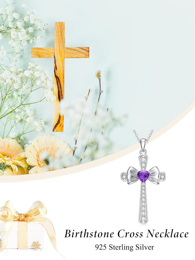 925 Sterling Silver Amethyst Cross Bow Birthstone Necklace for Women, Adjustable Chain, February Gift, Hypoallergenic Jewelry