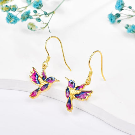 925 Sterling Silver Purple & Blue Enamel Hummingbird Dangle Drop Earrings for Women