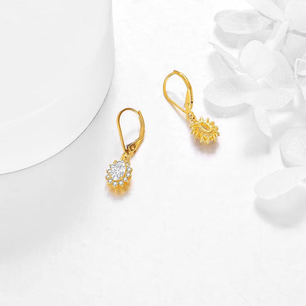 14K Gold Flower Shape CZ Dangle Drop Earrings for Women Birthday Gifts