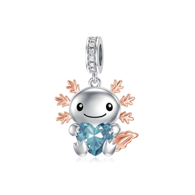 925 Sterling Silver Axolotl Charm with Blue Heart Birthstone for Bracelets Jewelry Making Gifts for Women
