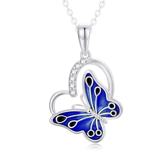 14K White Gold Natural Diamond & Blue Butterfly Dainty Heart Pendant Necklace for Women, Nickel-Free, 16 1.8g, Gift for Her