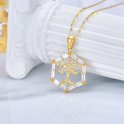 14K Gold White Cubic Zirconia Tree Of Life Pendant Necklace For Women