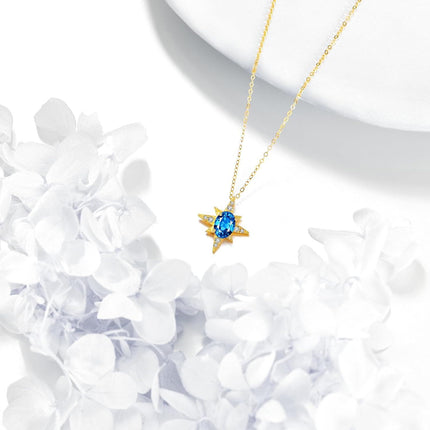 14K Gold Blue Topaz Star Pendant Necklace for Women Birthdays Gifts