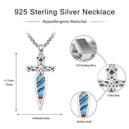 925 Sterling Silver Celtic Cross Abalone Shell Dagger Pendant Necklace for Men Women Vintage Gothic s 48cm Chain Length