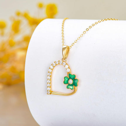 14K Gold Green Enamel Four-Leaf Clover Pendant Necklaces for Women - 18 Chain