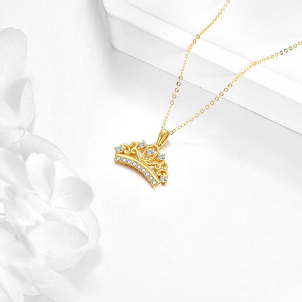 14K Gold Crystal Tiara Crown Pendant Necklace for Women's s