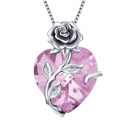 925 Sterling Silver Crystal Rose Flower Heart Pendant Necklace