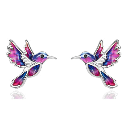 925 Sterling Silver Enamel Hummingbird Stud Earrings - Colorful Bird Gifts for Her
