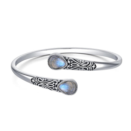925 Sterling Silver Black Onyx Gemstone Adjustable Bohemian Cuff Bracelet