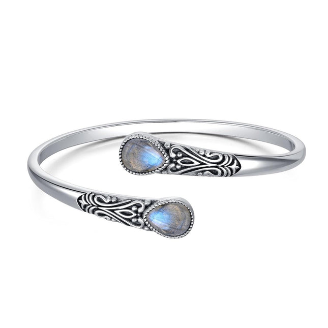 925 Sterling Silver Black Onyx Gemstone Adjustable Bohemian Cuff Bracelet