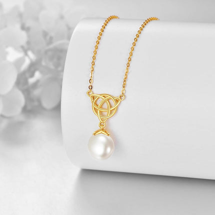 14K Gold Celtic Knot & Freshwater Pearl Pendant Necklaces for Women