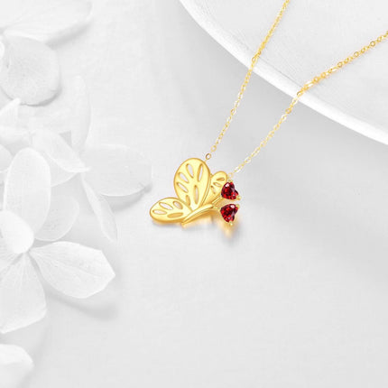 14K Gold Red Crystal Dragonfly Butterfly Pendant Necklace for Women