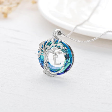 925 Sterling Silver Blue Crystal Tree of Life Initial Necklace Family Letter Pendant Birthday Mother s Day Gifts for Her