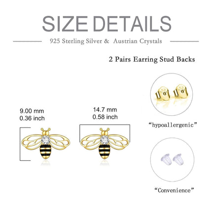 925 Sterling Silver Honeybee Stud Earrings with Black Enamel and Cubic Zirconia for Women