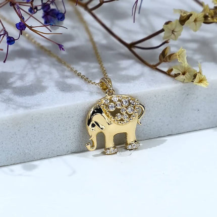 14K Gold Crystal Elephant Pendant Necklace for Women - 18 Inches Chain Length