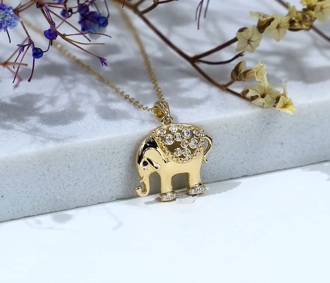 14K Gold Crystal Elephant Pendant Necklace for Women - 18 Inches Chain Length