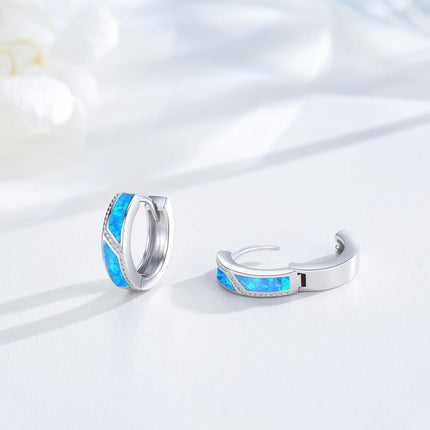 925 Sterling Silver Blue Opal Viking Celtic Cross Huggie Hoop Earrings 14g for Women Men Gifts