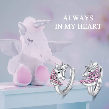 925 Sterling Silver Pink Crystal Unicorn Huggie Hoop Earrings for Girls and Women's Gifts