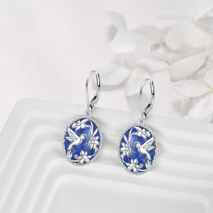 925 Sterling Silver Gold-Plated Blue Lapis Lazuli Hummingbird & Flower Drop Earrings