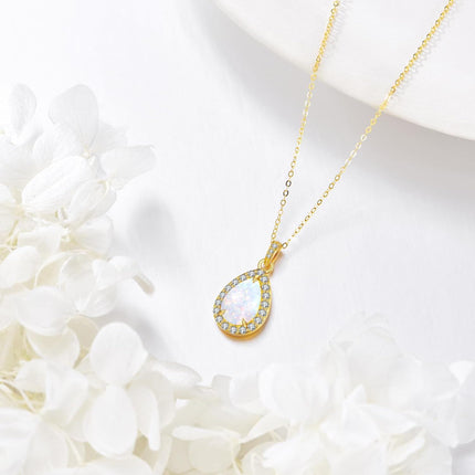 14K Gold White Opal Teardrop Pendant Necklace with Cubic Zirconia Accents for Women - Elegant s